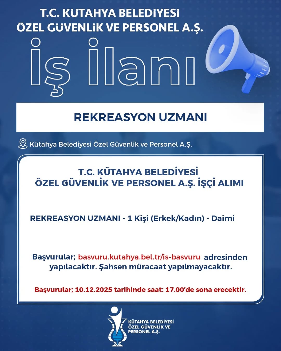 Kütahya Belediyesi Özel Güvenlik ve Personel A.Ş. Personel Alımı