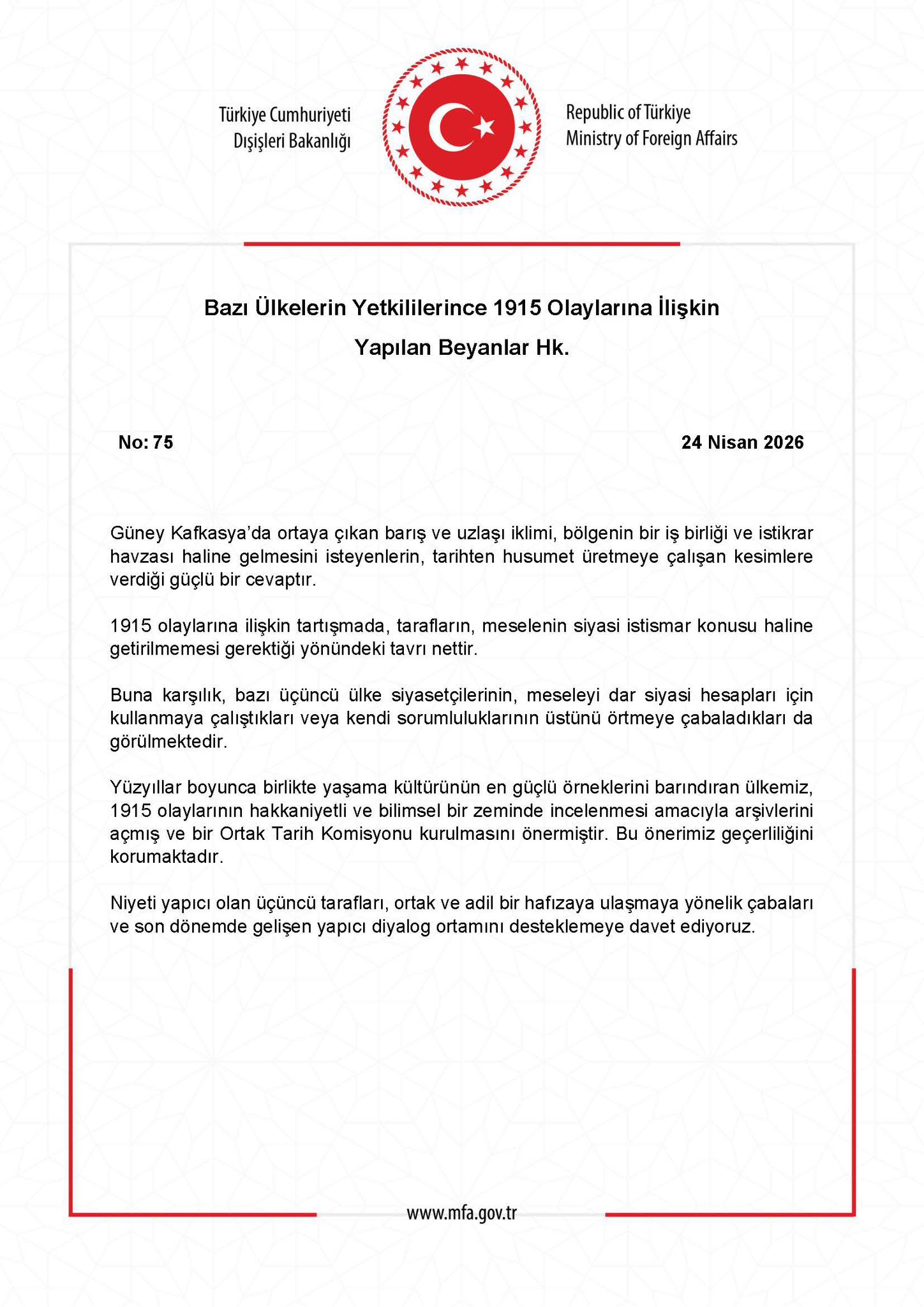 1915 Olaylarına İlişkin Resmi Açıklamalar