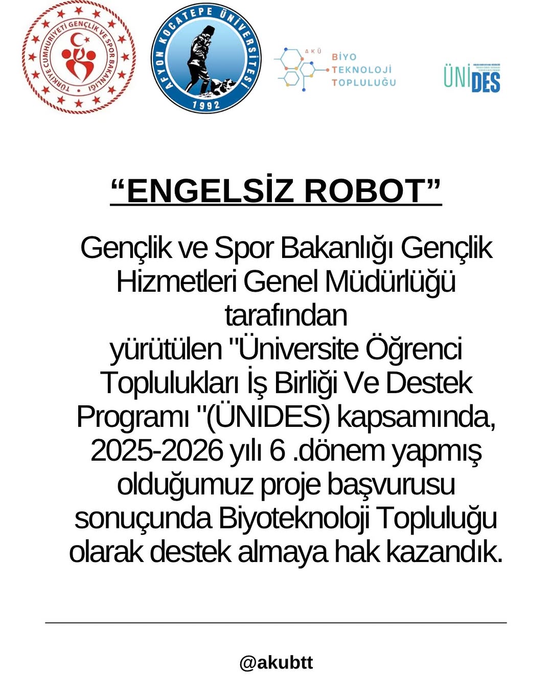 Afyon Kocatepe Üniversitesi Biyoteknoloji Topluluğu Teşekkür Açıklaması
