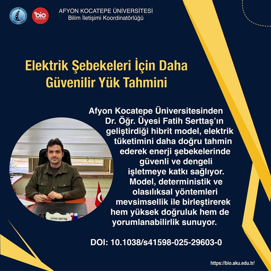 Afyon Kocatepe Üniversitesi'nden Elektrik Şebekeleri İçin Yeni Yük Tahmini Modeli