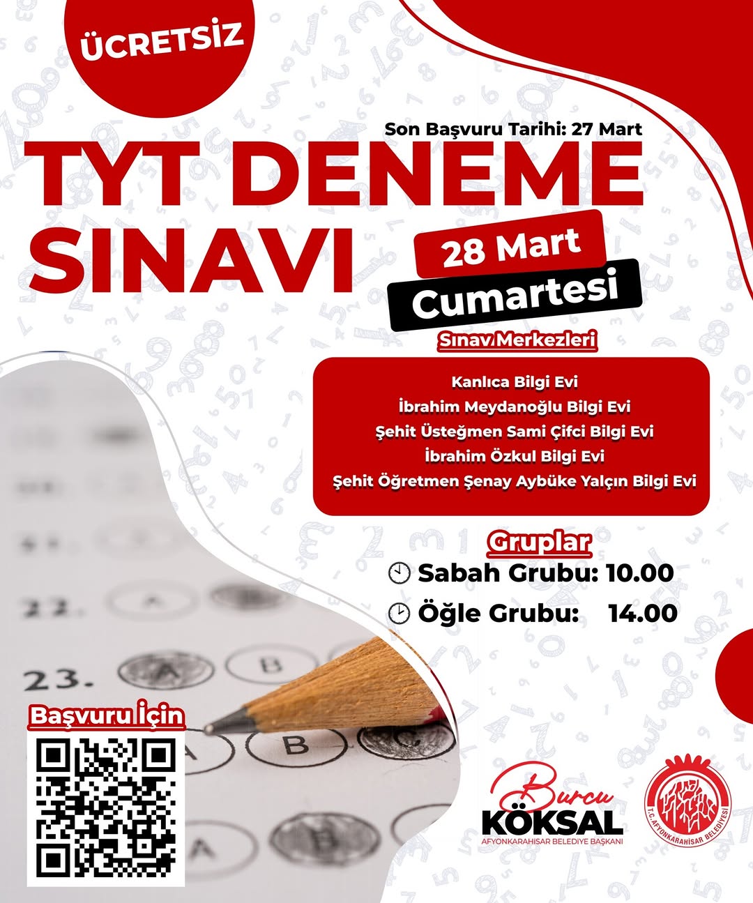 Afyonkarahisar Belediyesi Bilgi Evlerinde Ücretsiz TYT Deneme Sınavı Düzenliyor