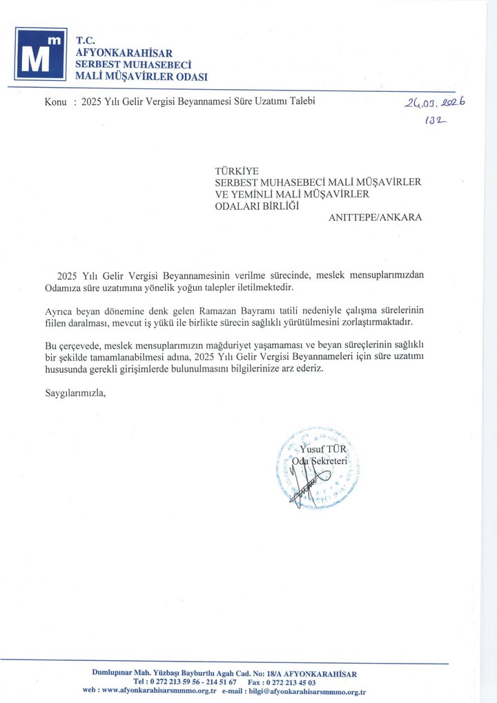 Afyonkarahisar Mali Müşavirler Odası'nın Uzatma Talebi Paylaşımı