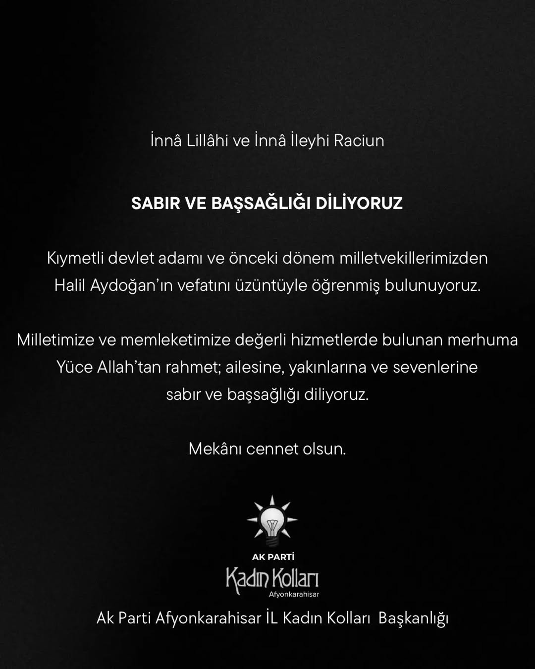 AK Parti Afyonkarahisar İl Kadın Kolları'ndan Başsağlığı Mesajı