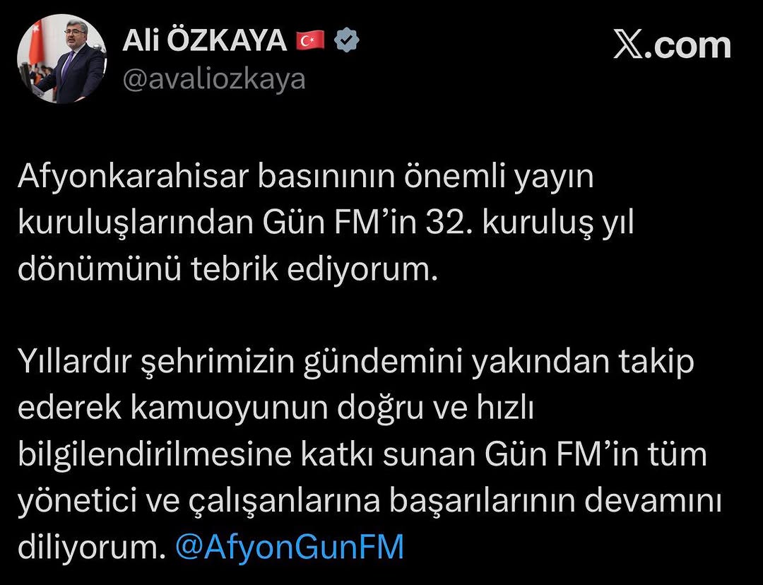 Ak Parti Milletvekili Ali Özkaya, Gün FM'in 32. Kuruluş Yıl Dönümünü Tebrik Etti