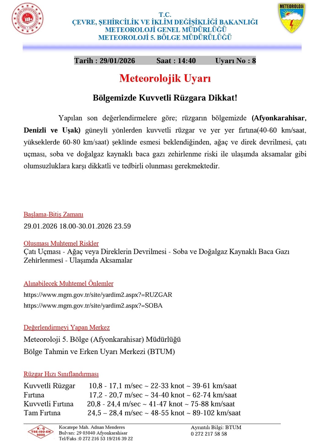 Bölgede Kuvvetli Rüzgar Uyarısı - Afyonkarahisar ve Denizli