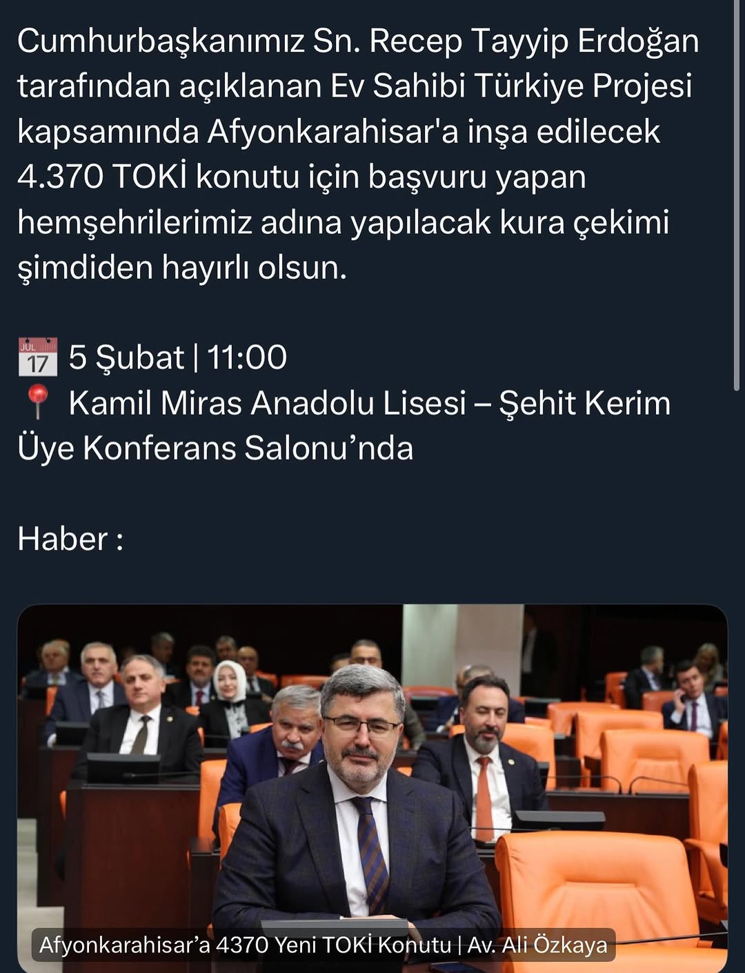 Cumhurbaşkanı Erdoğan'dan Afyonkarahisar'a 4.370 TOKİ Konutu Müjdesi