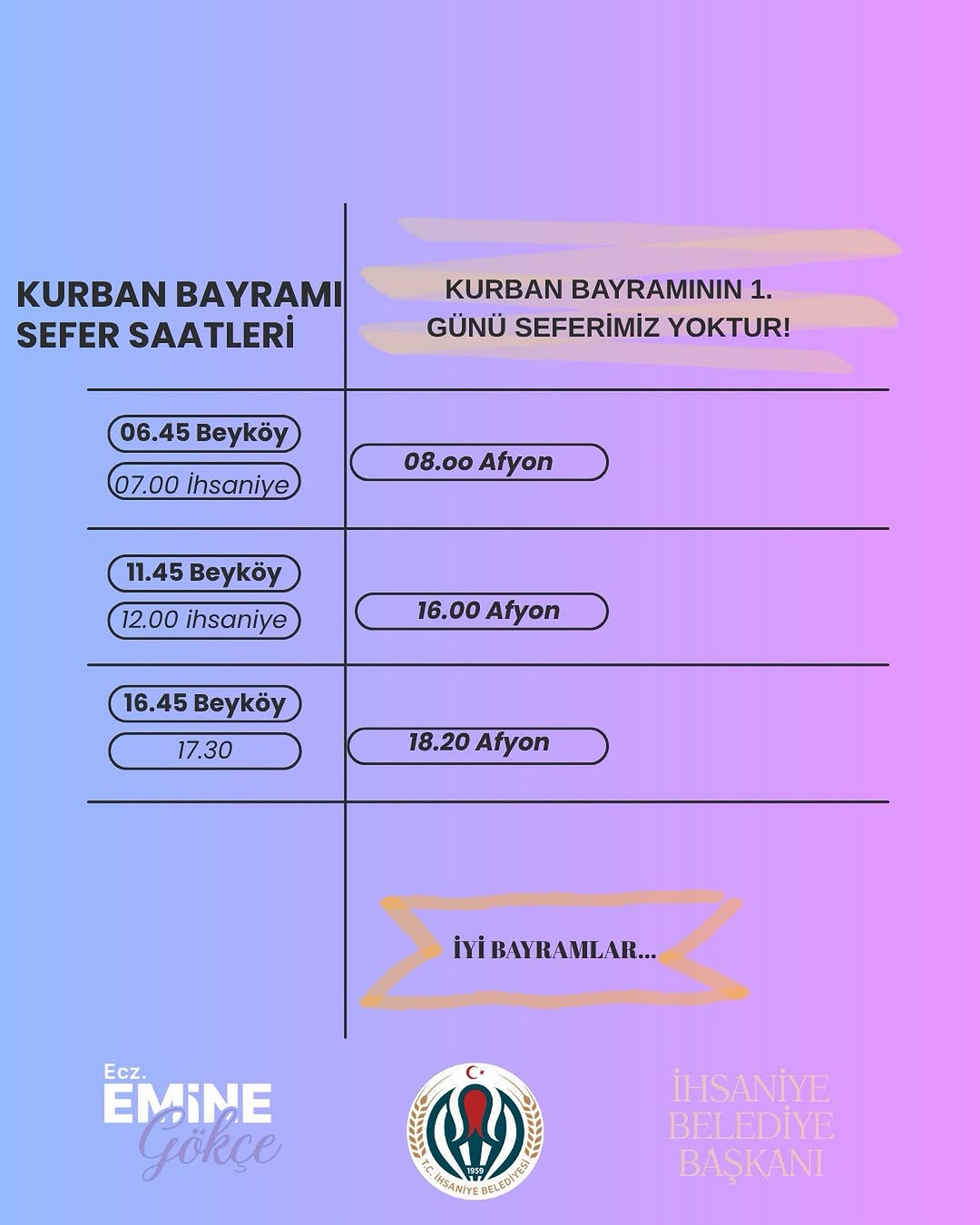İhsaniye Belediyesi Kurban Bayramı Sefer Saatleri