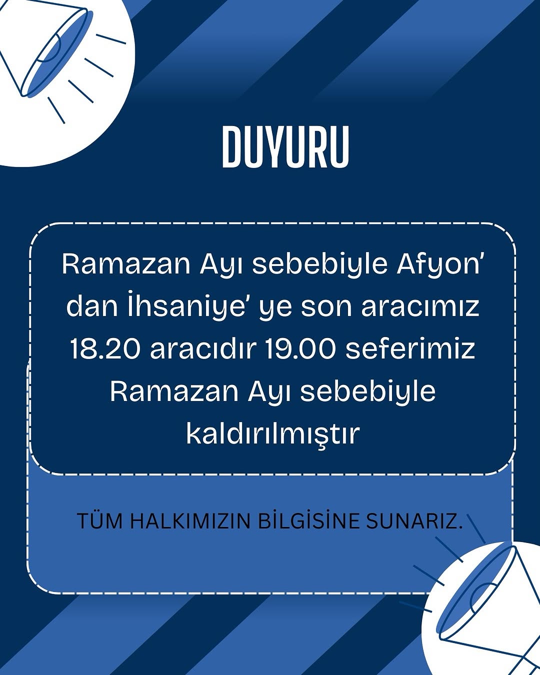İhsaniye Belediyesi'nden Ramazan Ayı Sefer Saatleri Düzenlemesi