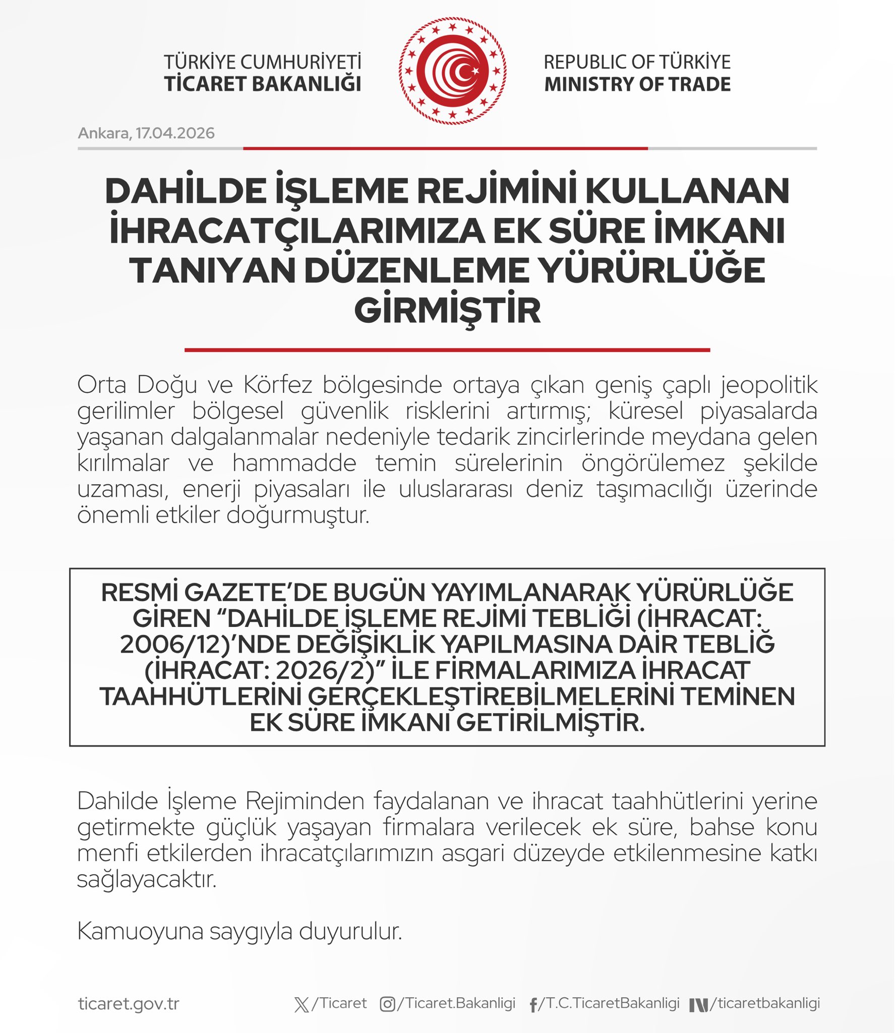 İthalat İşleme Rejimi İçin Ek Süre Düzenlemesi