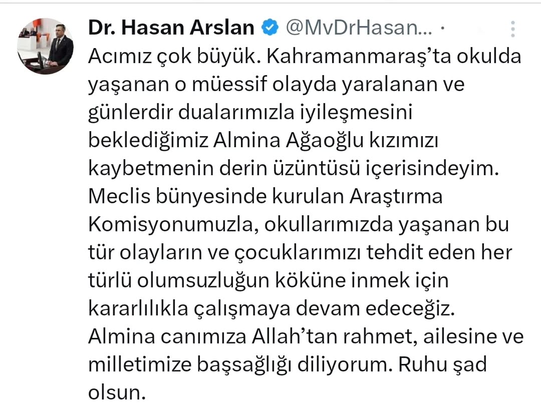 Kahramanmaraş'ta Okulda Yaşanan Acı Olayın Ardından Almina Ağaoğlu'nu Kaybettik