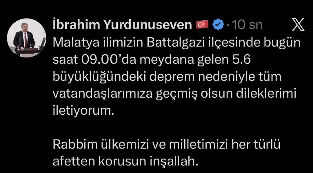 Malatya Battalgazi'de Meydana Gelen 5.6 Büyüklüğündeki Deprem Sonrası Vatandaşlara Geçmiş Olsun Dileği
