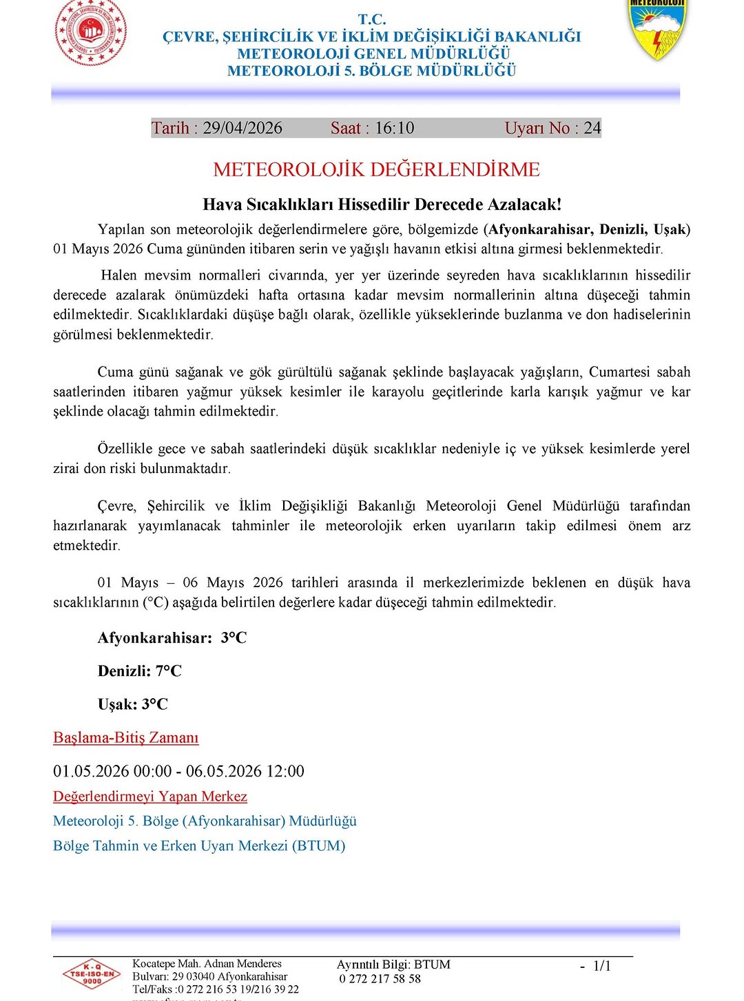 Meteoroloji Genel Müdürlüğünden Yapılan Hava Durumu Duyurusu