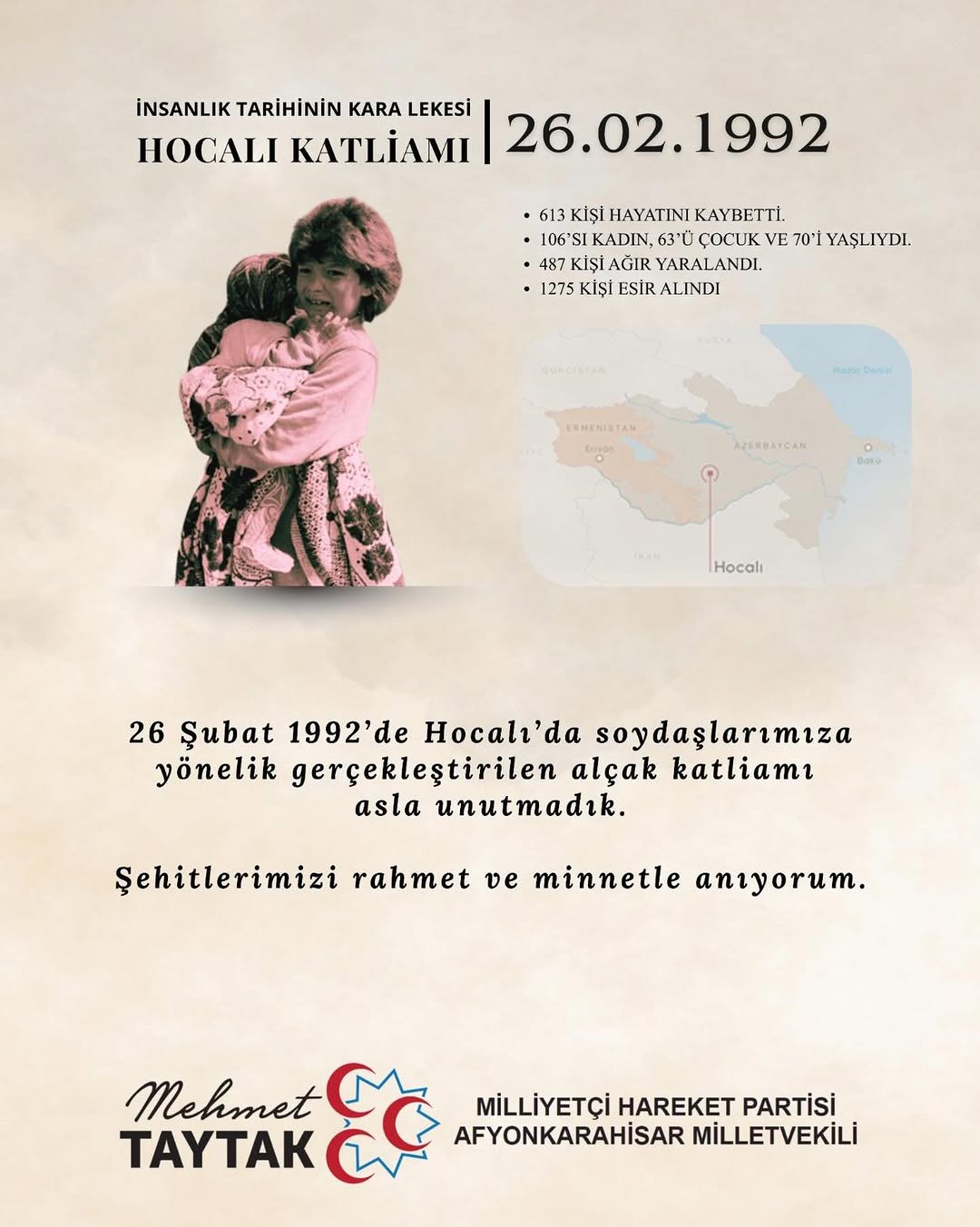 Mhp Afyonkarahisar Milletvekili Mehmet Taytak'tan Hocalı Katliamı Açıklaması