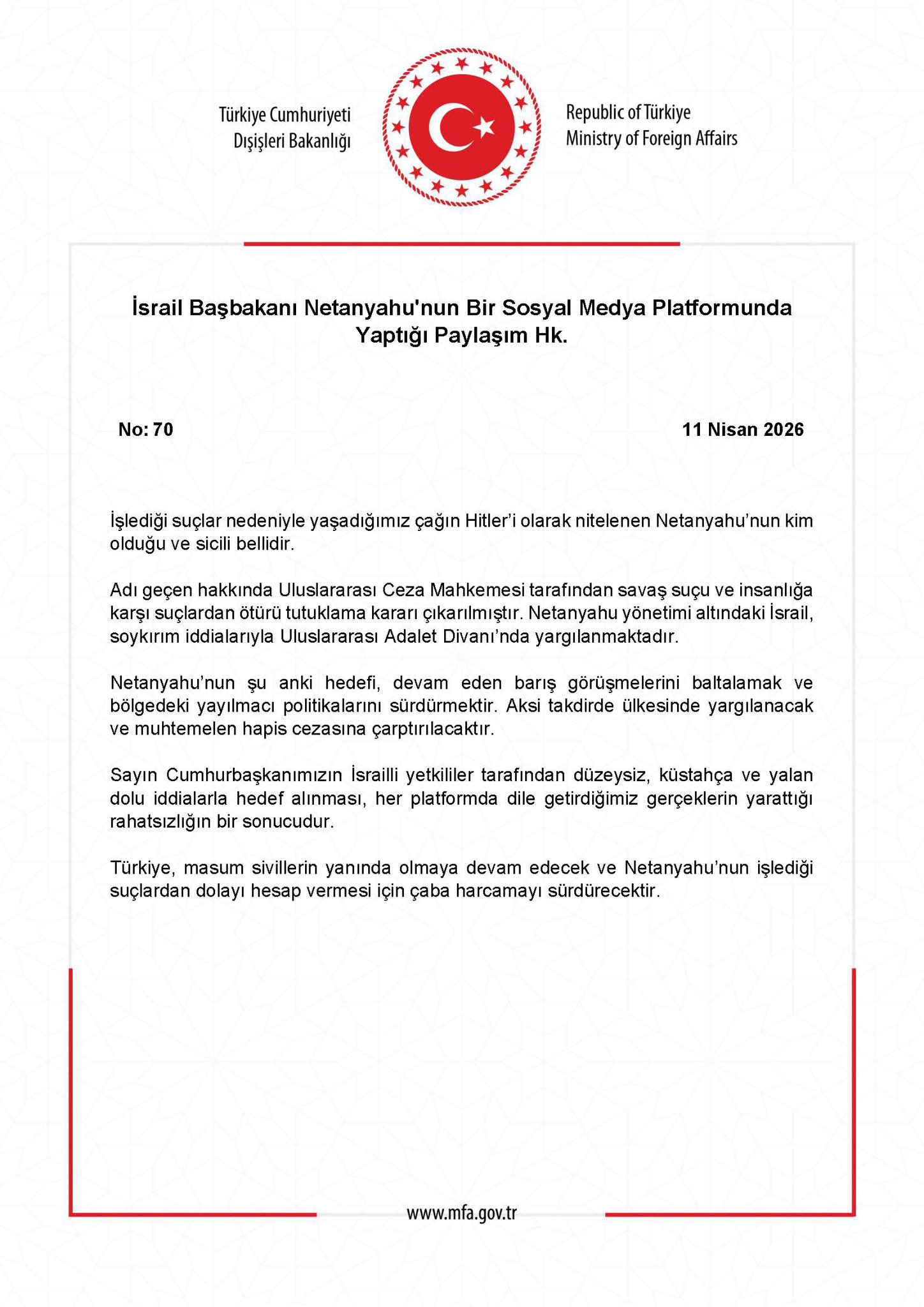 Netanyahu'nun sosyal medya paylaşımına tepki gösterildi