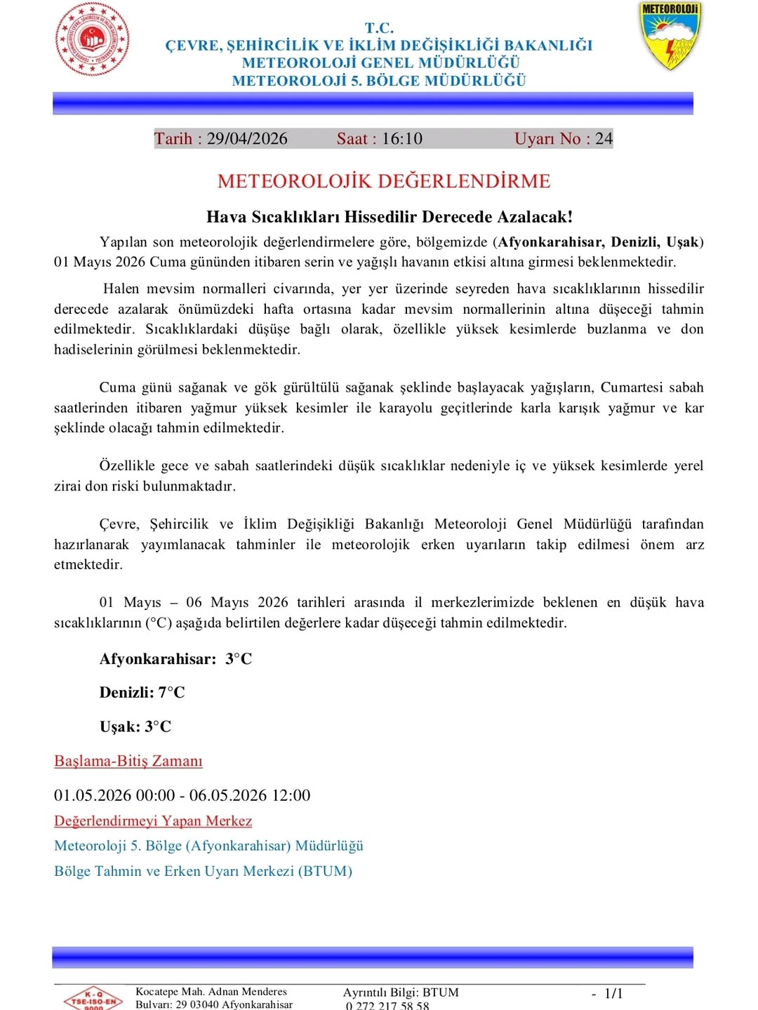 Sıcaklıkların Düşeceği Uyarısı Meteoroloji Genel Müdürlüğü'nden