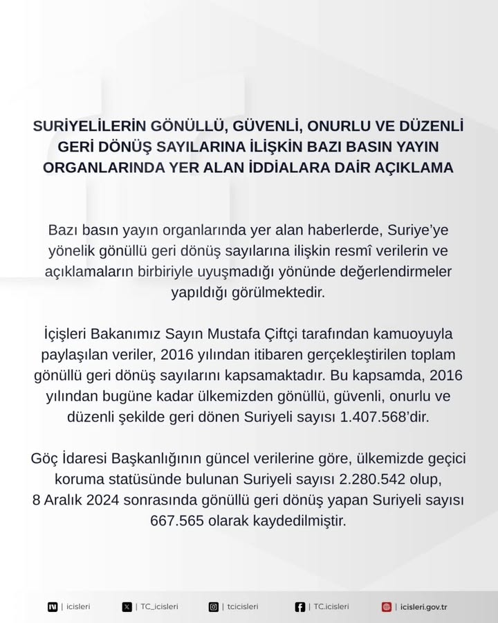 T.C. İçişleri Bakanlığı'ndan Suriyelilerin Geri Dönüş Sayılarıyla İlgili Açıklama