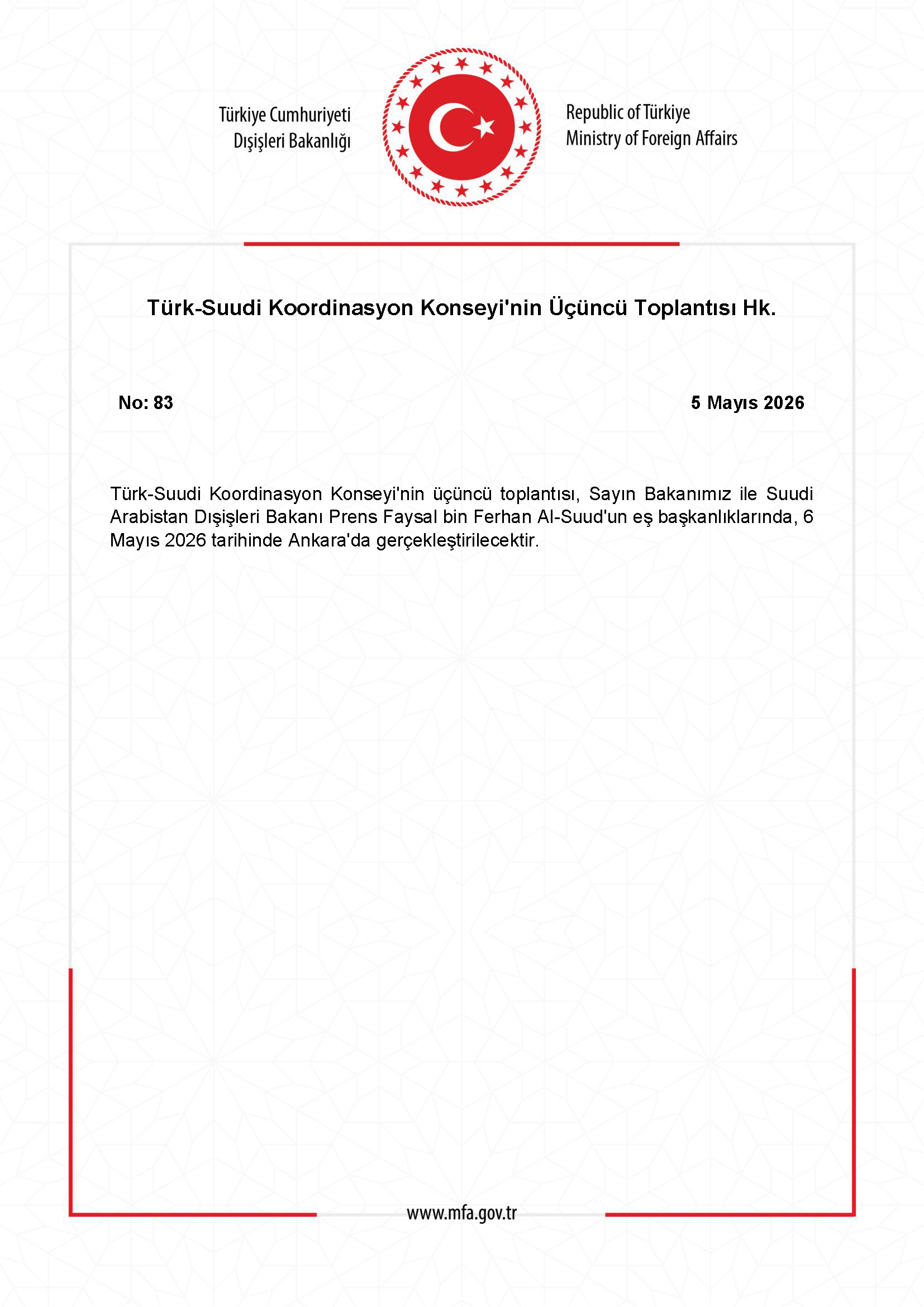Türk-Suudi Koordinasyon Konseyi Üçüncü Toplantısı Gerçekleşti