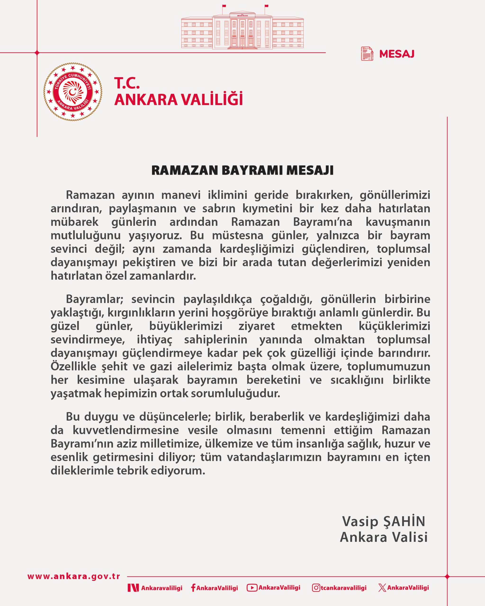 Vali Şahin'den Bayram Mesajı