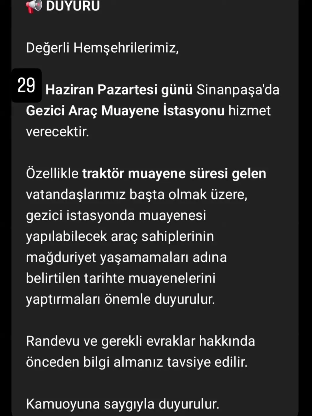 Afyonkarahisar AhmetPaşa Belediyesi'nden Önemli Duyuru: Traktör Muayenesi