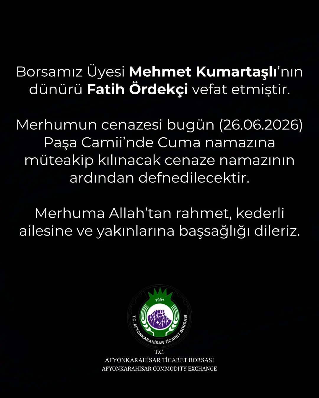 Afyonkarahisar Ticaret Borsası'ndan Başsağlığı Mesajı