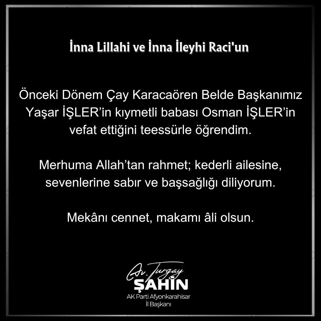 AK Parti Afyonkarahisar İl Başkanı'ndan Başsağlığı Mesajı