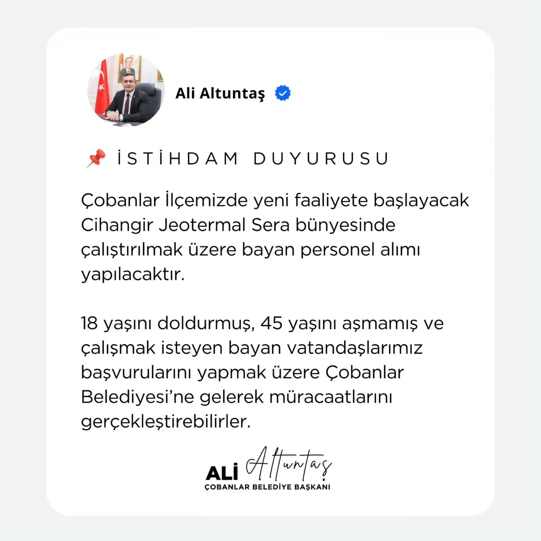 Çobanlar Belediye Başkanı Ali Altuntaş İstihdam Duyurusu