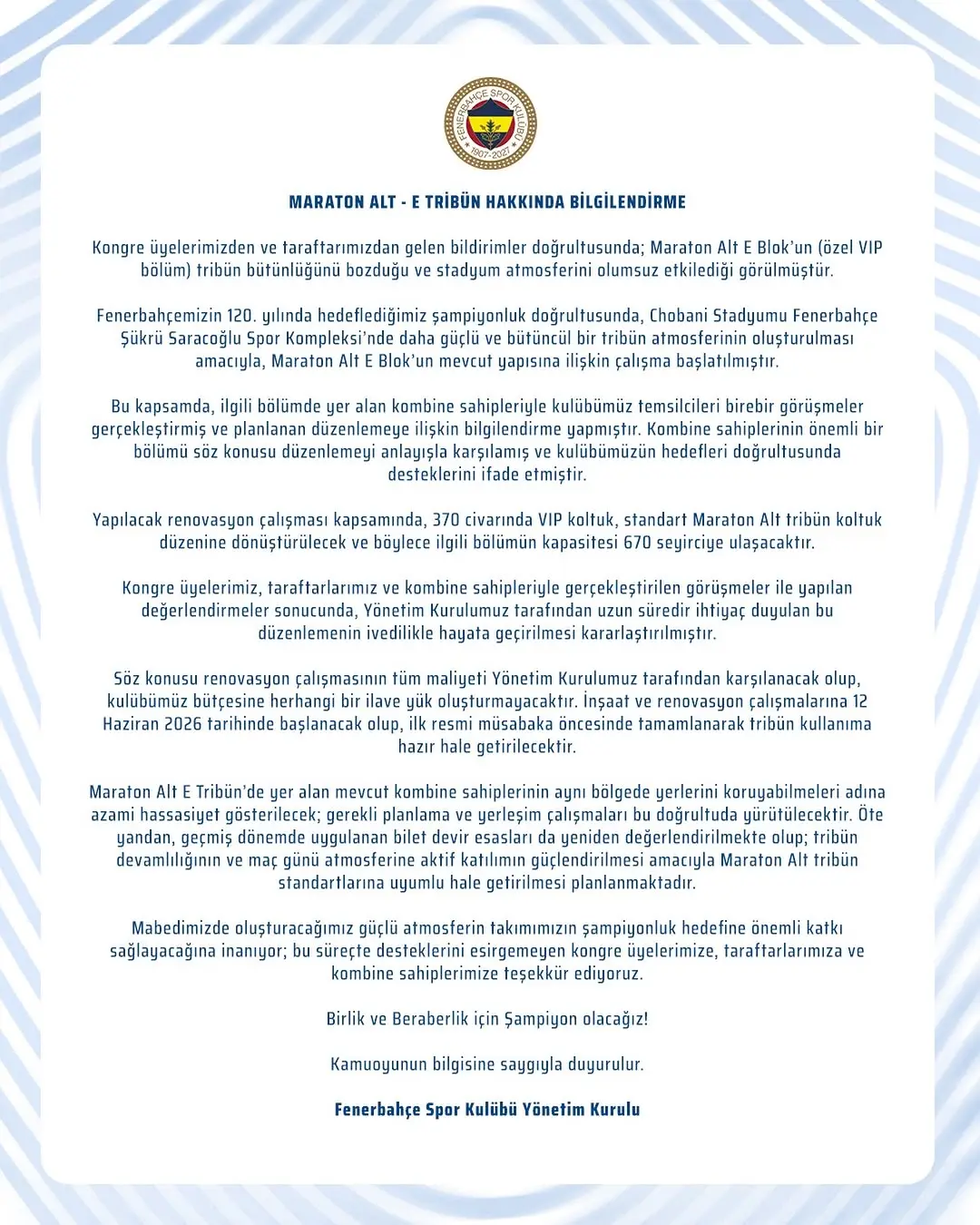 Fenerbahçe'den Maraton Alt E Tribünü Hakkında Önemli Duyuru