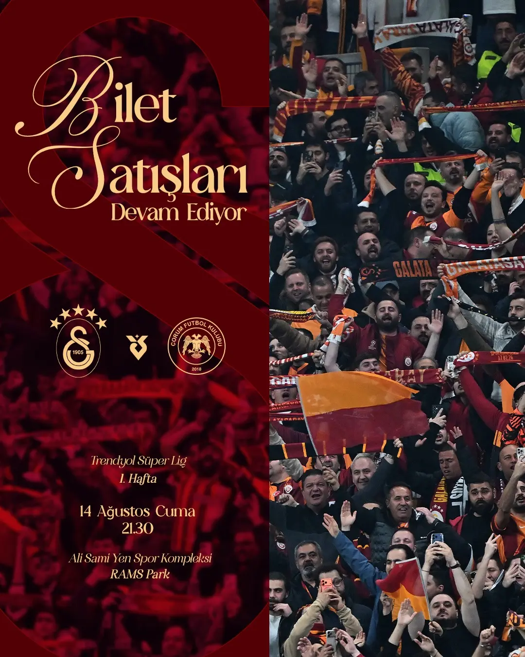 Galatasaray Spor Kulübü, A. Çorum FK Maçı Biletlerini Satışa Çıkardı!