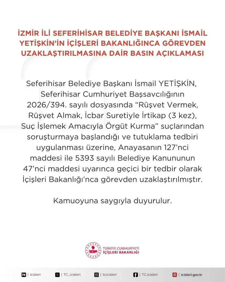 İzmir Seferihisar Belediye Başkanı İsmail Yetişkin'in İçişleri Bakanlığı Tarafından Görevden Uzaklaştırılması