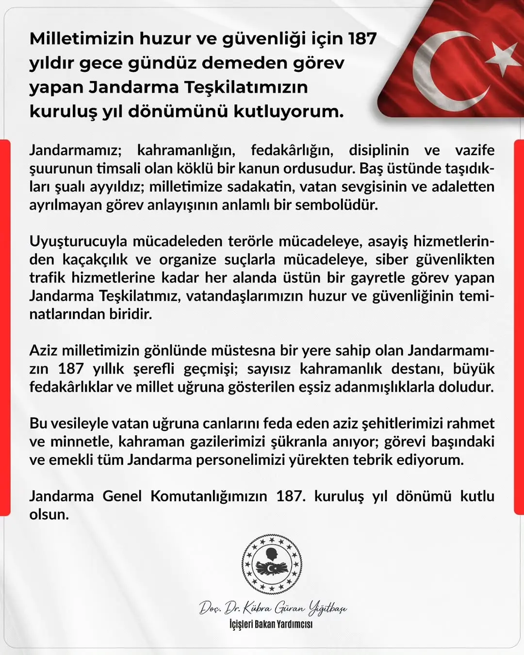 Jandarma'nın 187. Kuruluş Yıldönümü Kutlamaları