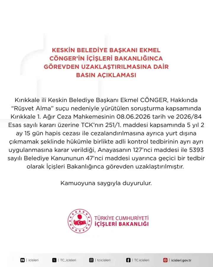 KESKİN BELEDİYE BAŞKANI EKMEL CÖNGER’İN İÇİŞLERİ BAKANLIĞINCA GÖREVDEN UZAKLAŞTIRILMASINA DAİR BASIN AÇIKLAMASI